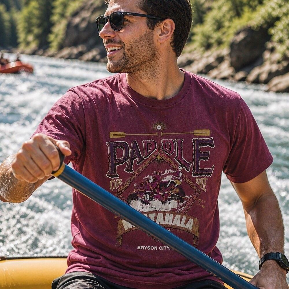 Vintage East West Threads T-Shirt XL Maroon Paddle or Die Nantahala NC